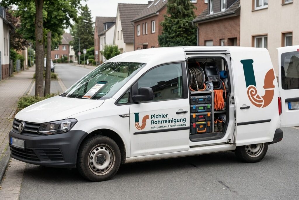 Gebrandetes Servicefahrzeug von Pichler Rohrreinigung mit geöffneter Werkzeugausstattung